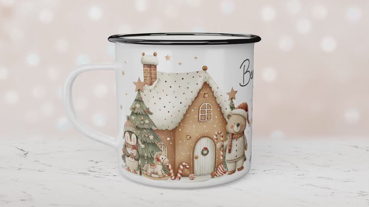 Personalised Children's Santa Gingerbread House Festive Mug, Children's Enamel Mug, Christmas Hot Chocolate, Kids Mug, Christmas Eve Filler