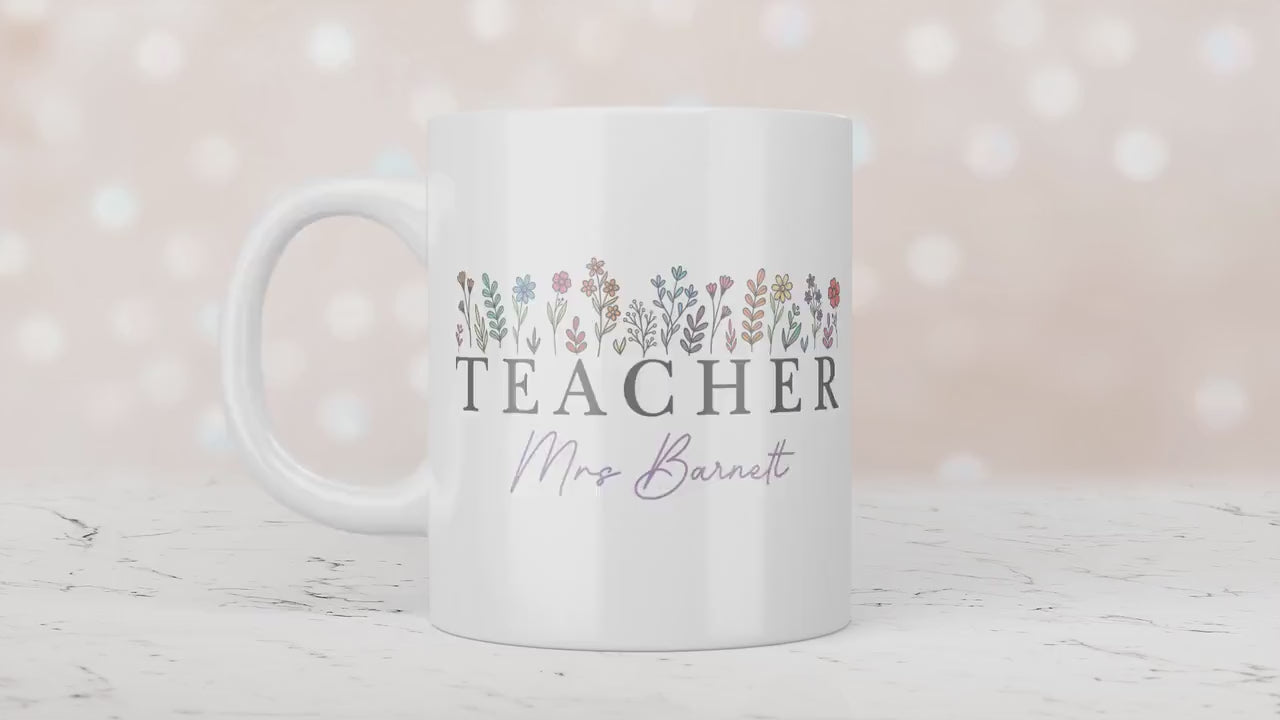 Personalised Teacher Flowers Teacher Thank You Gift, Teacher Mug With Name, Teacher Appreciation Gift, End of Term Gift,Nursery Teacher Gift