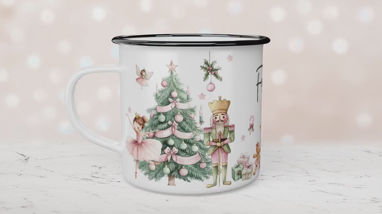 Personalised Children's Pink Nutcracker Mug, Xmas Gift Idea, Children's Enamel Mug, Christmas Hot Chocolate, Kids Mug, Christmas Eve Filler