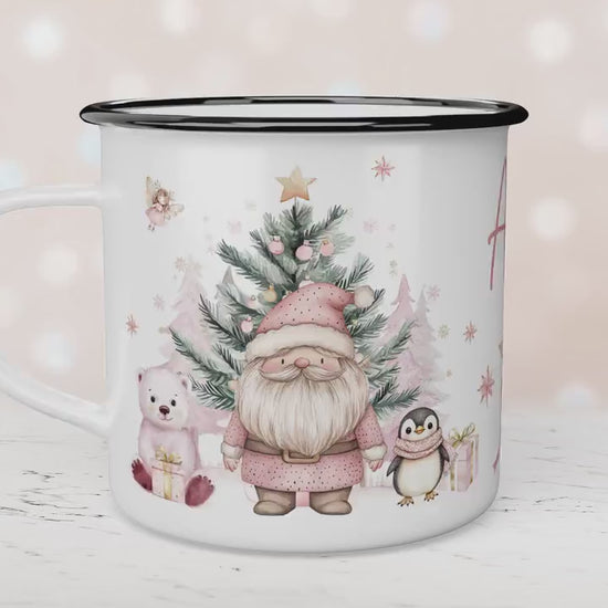 Personalised Children's Pink Polar Bear Festive Mug, Xmas Gift Idea, Enamel Mug, Christmas Hot Chocolate, Kids Mug, Christmas Eve Filler