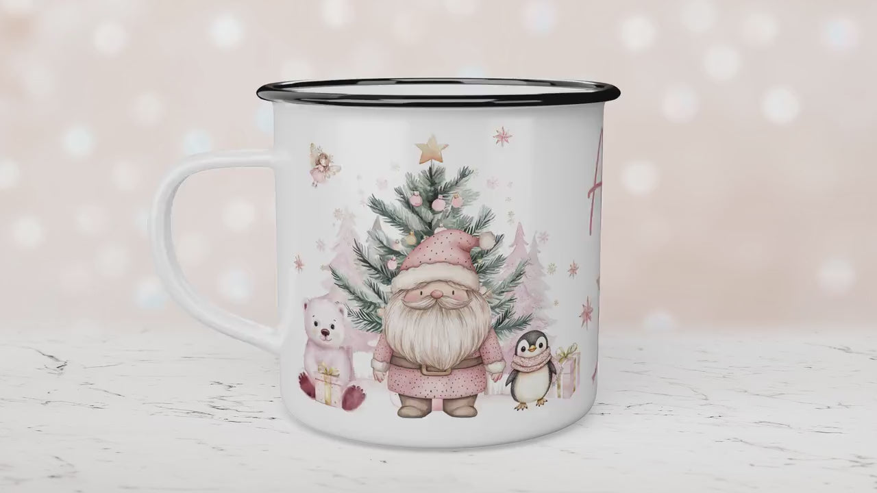 Personalised Children's Pink Polar Bear Festive Mug, Xmas Gift Idea, Enamel Mug, Christmas Hot Chocolate, Kids Mug, Christmas Eve Filler