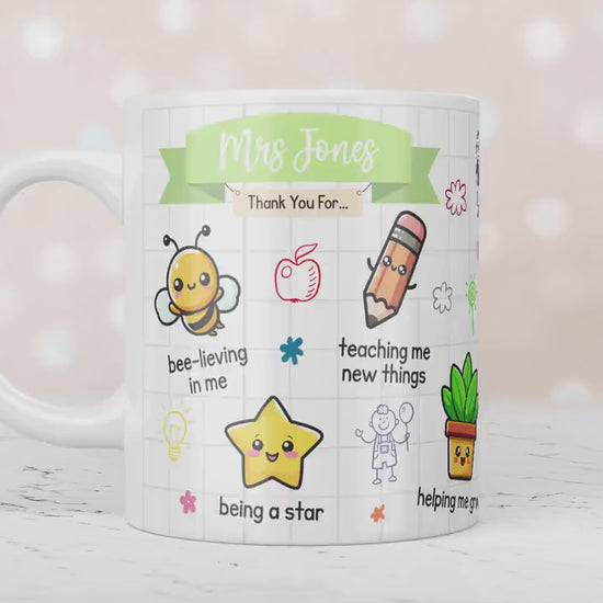 Personalised Teacher Thank You For.. Gift, Teacher Mug With Name, Teacher Appreciation Gift, End of Term Gift, Nursery Doodle Gift