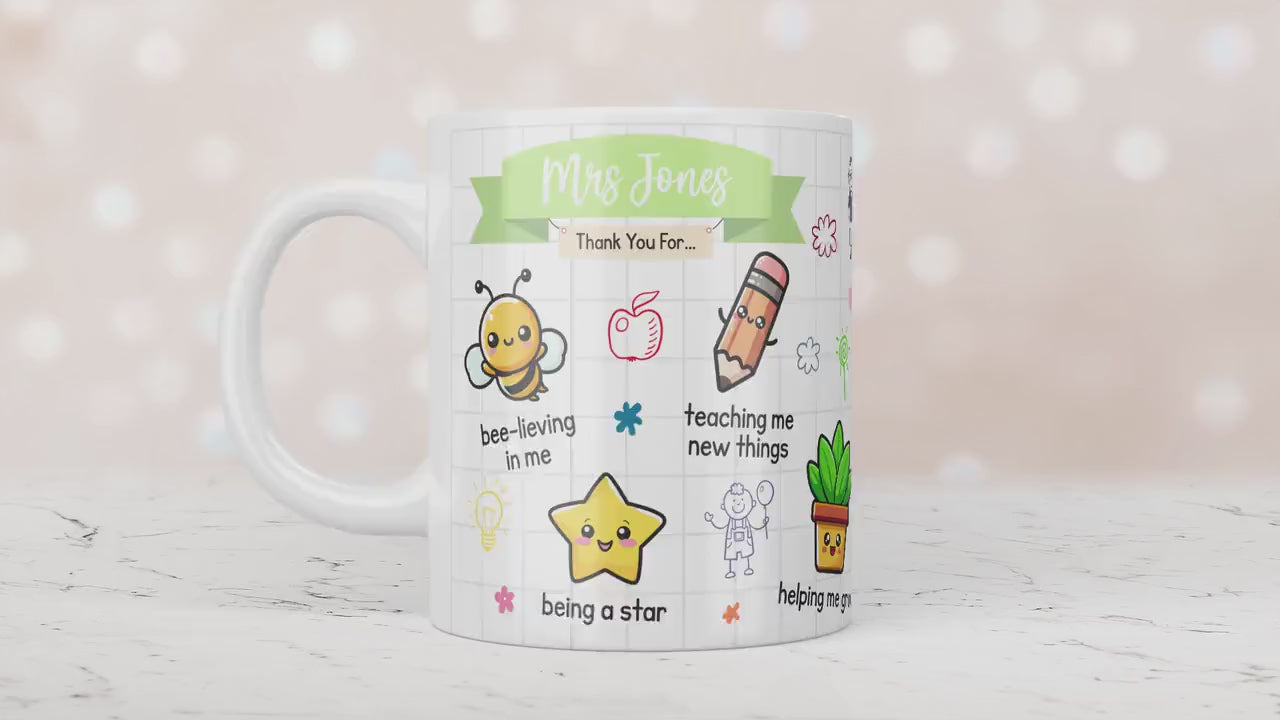 Personalised Teacher Thank You For.. Gift, Teacher Mug With Name, Teacher Appreciation Gift, End of Term Gift, Nursery Doodle Gift