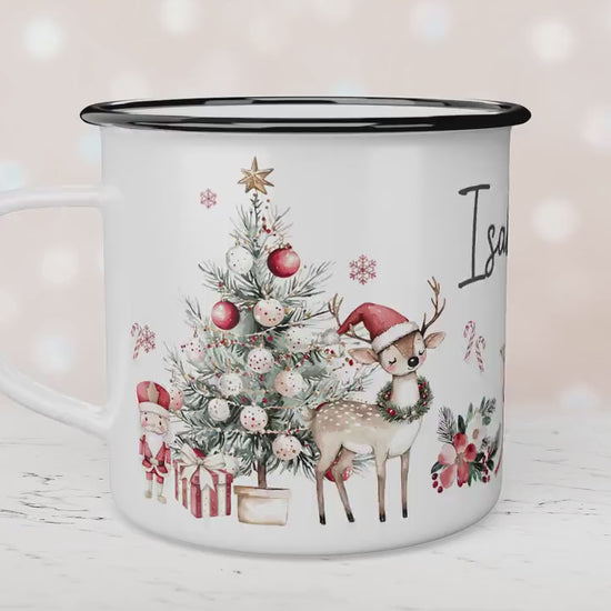 Personalised Children's Red Festive Mug, Xmas Gift Idea, Children's Enamel Mug, Christmas Hot Chocolate, Kids Mug, Christmas Eve Filler