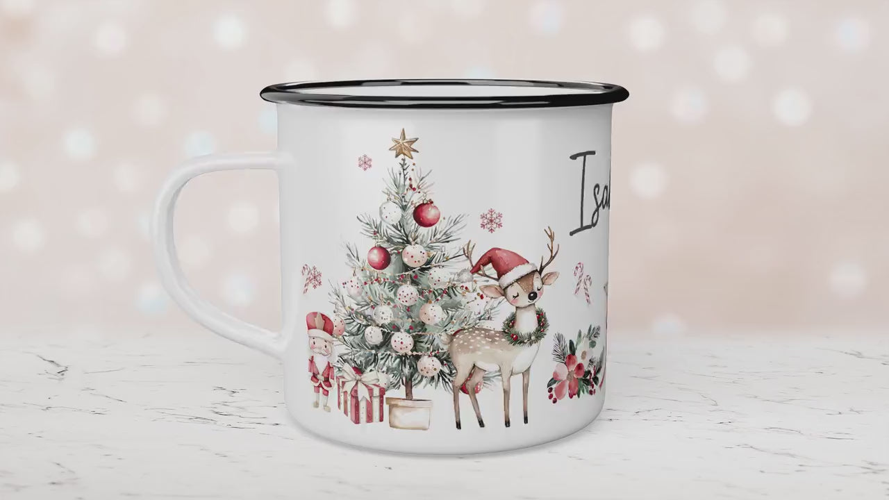 Personalised Children's Red Festive Mug, Xmas Gift Idea, Children's Enamel Mug, Christmas Hot Chocolate, Kids Mug, Christmas Eve Filler
